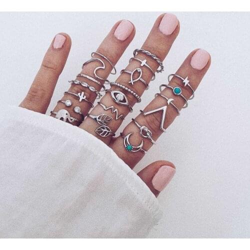 20Pcs/ Set Boho Women Rings Set Moon Leaf Waves Elephant Crystal Geometry Silver color Midi Ring set Charm Lady Lover Gift J007