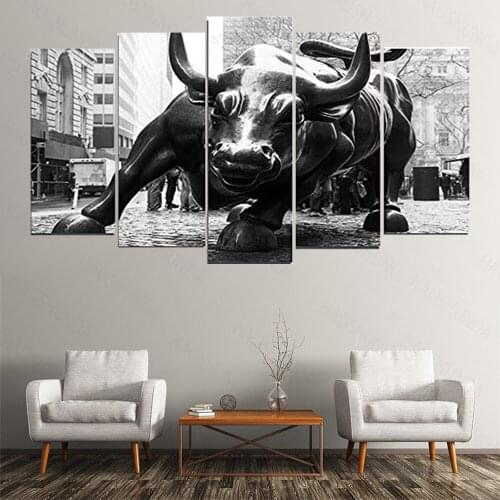 New York Landmark Charging Wall Street Bull 5 Pieces Canvas Painting Oil Print Poster Wall Art Picture For Living Room Home