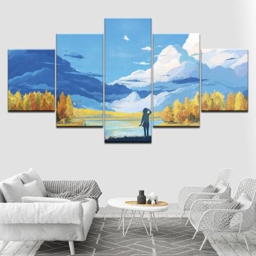 The autumn tree and mountain 5 Piece Wallpapers Art Canvas Print modern Poster Modular art painting for Living Room Home Decor