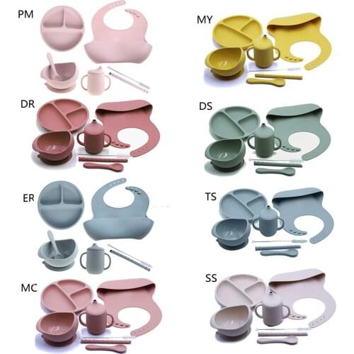 7pcs/set BPA Free Baby Silicone Tableware Waterproof Bib Solid Color Dinner Plate Sucker Bowl And Spoon For Children