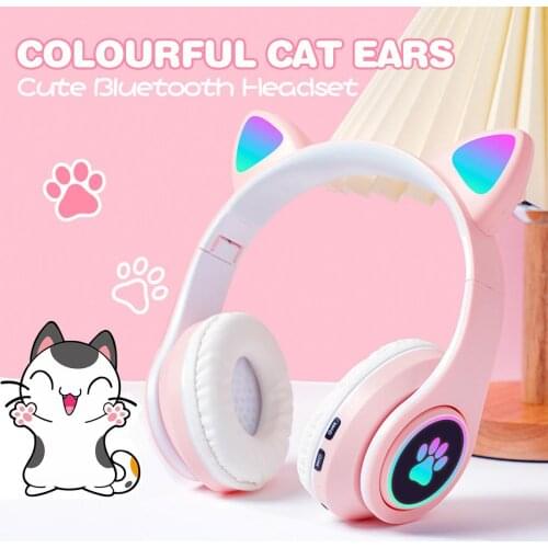 ANKNDO Bluetooth Earphones Glowing Cat Ears Colorful Headphone With Mic Portable Stereo Foldable Music Headband Wireless Headset
