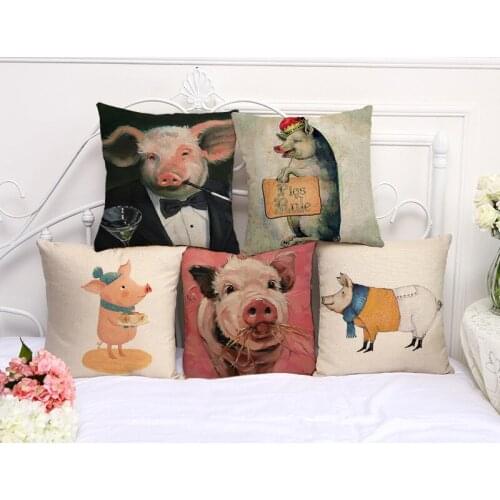 Decorative Pillow Case Fashion Cartoon Animal Pig Painting Pillowcase 17.5 Inch Cotton Linen Chair Seat Throw Pillow Cover A1091