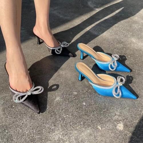 Elegant Women Slippers Pointed Toe Satin Rhinestone Bow Design Thin High Heels Blue Pink White Black Shallow Slip On Mules Shoes
