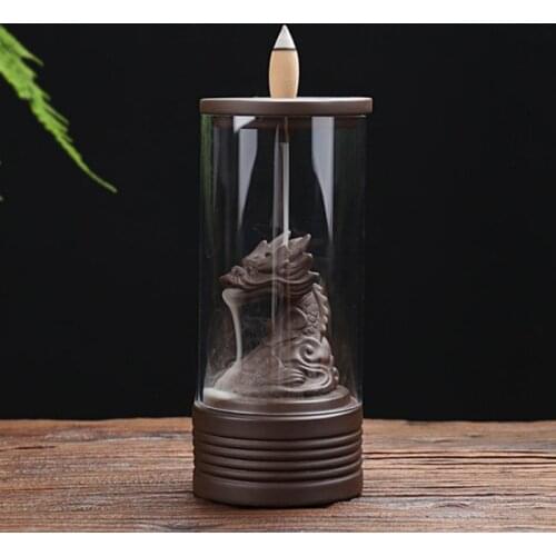 Insence Burner Auspicious Dragon Backflow Cone Holder Ceramic Waterfall LED Light Aroma Censer with Cover Home Ornament Decor