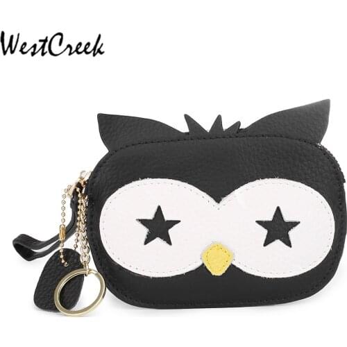 WESTCREEK Cute Owl Coin Purse Women Genuine Leather Small Wallet Thin with key ring