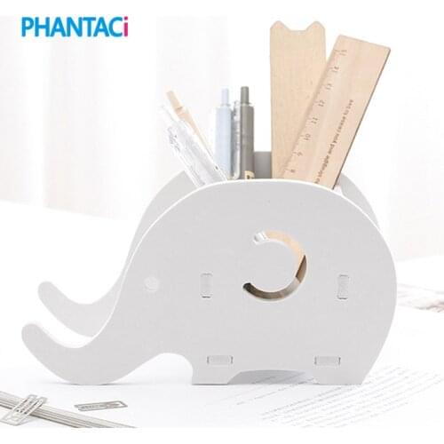 PHANTACI Creative Wooden Students Elephant Multifunctional Storage Manual Assembly Pen Holder Bracket Stationery Office Supply