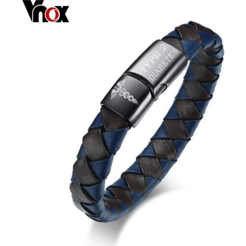 VNOX Medical Alert Bracelet Genuine Leather Engraved DIABETES Emergency Rescue Mens Jewelry