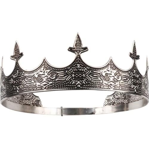 Vintage Carved pattern mens crown metal full round crown king headdress ancient silver hair ornament