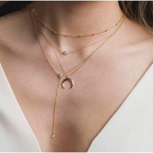 New fashion jewelry crystal moon pendant Multilayer Chain Necklace for women girl wholesale Free Punk Necklace Women