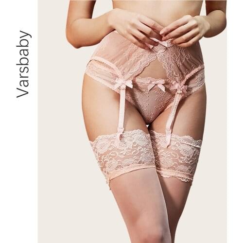 Varsbaby new arrival 3pcs garters+G-strings+stockings lace transparent underwear S-XL breathable thongs for ladies