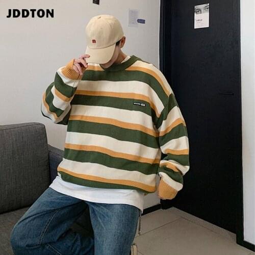 JDDTON New Mens Stripe Sweater Casual Long Sleeve Patchwork Sweater Slim Fit Streetwear Autumn Pullover Male Fashion Coat JE380