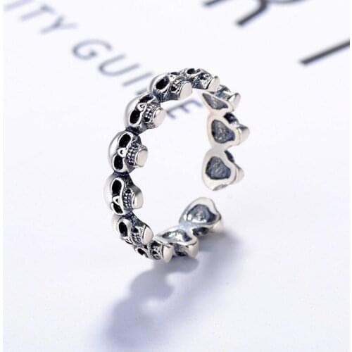 Punk Female Black Enamel Adjustable Ring Charm Sterling Silver Wedding Rings For Women Vintage Bridal Skull Thin Engagement Ring