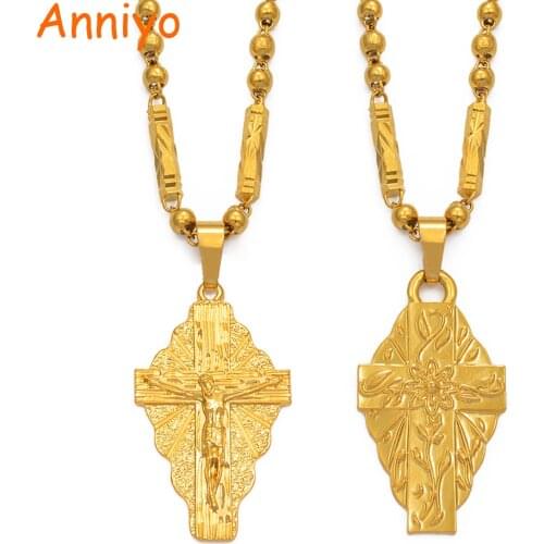 Anniyo Hawaii Flower Gold Color Cross Pendant Ball Beads Chain Necklaces Habesha Micronesia Chuuk Marshall Jewelry #198106P