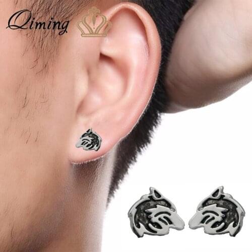 QIMING Wolf Pendant Stud Earrings Men Jewelry Accessories Vintage Womens Earrings Cool Animal Head Punk Earrings Slavic Gift