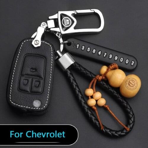 Luxury Leather Car Key Case For Chevrolet Cavalier Malibuxl Orlando Equinox Zinc Alloy Keychain Genuine Key Ring Protect Parts
