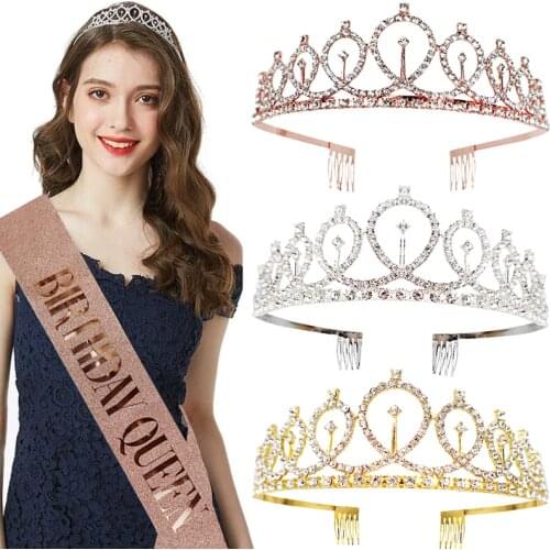Rose Gold Birthday Party Decoration Glitter Sash Crystal Crown Set for Girls Tiara Happy Birthday Anniversary Party Supplies