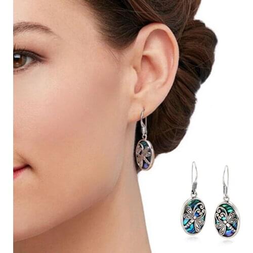 2021 Retro Ear Hoop Engraving Dragonfly Shape Oval Vintage Silver Plated Bridal Earrings for Shopping Earrings Accessories