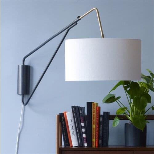 Nordic minimalist bedroom bedside telescopic rocker wall lamp linen lampshade study living room art deco reading light fixture