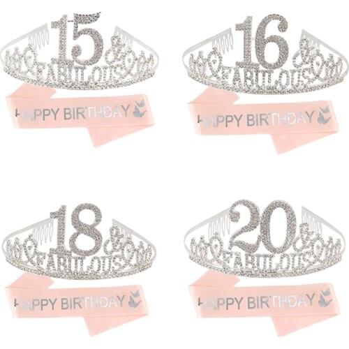 Sweet 15th 16th 18th 20th Birthday Sash and Tiara Crown Set for Women Girls Happy Birthday Party Decoration Supplies Gifts