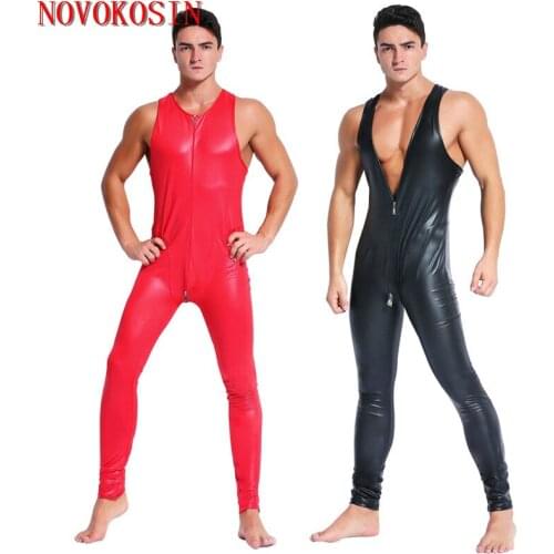 XX107 2018 New Sexy Lingerie Tight Teddies Red Black Front Zipper To Crotch Faux Leather Pole Dancing Night Club Erotic Bodysuit