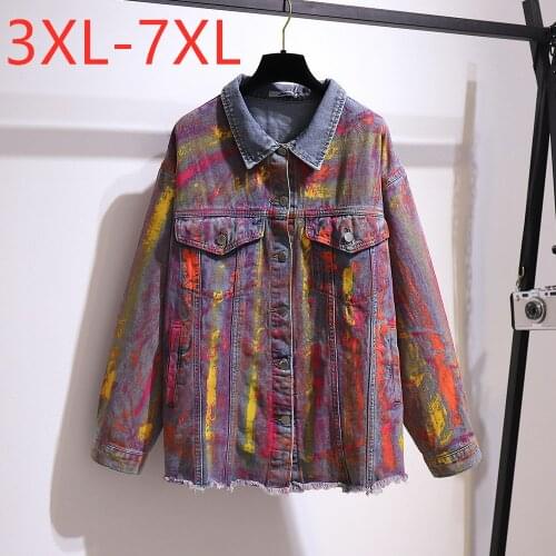 New Ladies Autumn Winter Plus Size Denim Jacket For Women Large Long Sleeve Loose Cotton Pocket Print Coat 3XL 4XL 5XL 6XL 7XL
