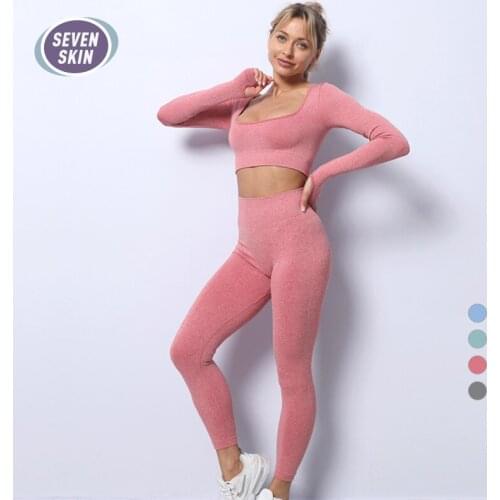 SEVEN SKIN Womens Sportswear Yoga Set Gym Fitness Clothing Long Sleeves Low-cut Crop Top Seamless Leggings Workout Sports Suits