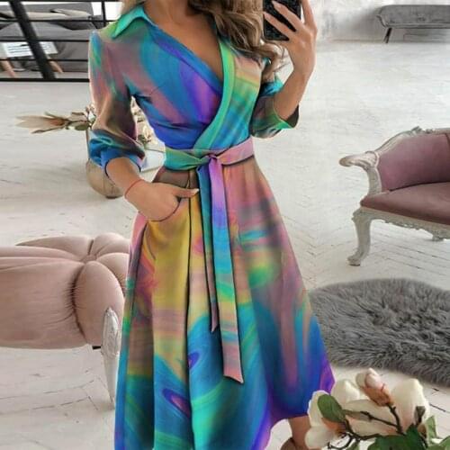 Women Printing Color Block Shirt Dress V Neck Long Sleeve Long Dress Elegant Long Sleeve Work Dresses Vestido #G2