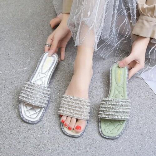 Women Summer New Rhinestone Decoration Sandals Slippers Female Jelly Sewing String Bead Sandal Ladies Casual Soft Flat Slides