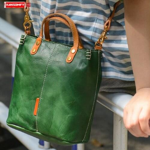 Retro Women Handbags Simple Large Capacity Bucket Bag Female 2020 New Leather Shoulder Messenger Bags The First Layer of Leather