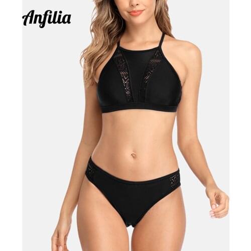 Anfilia Women High Neck Bikini Set Solid Color Swimsuit Hollow Out Bandage Swimwear Sexy Push Up Beachwear