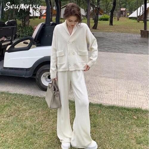 High Quality Autumn 2021 WomenS Loose Knit 2 Two-Piece Set Sexy Double Breasted Pocket Jacket + High Waist Pants Casual Set