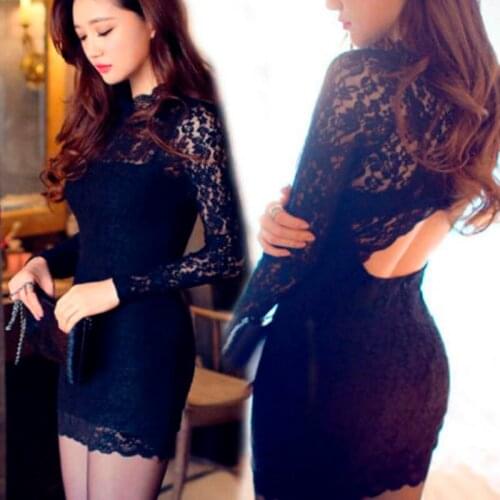 Summer Women Lace Dress Sexy Backless Turtleneck Dresses 2019 Fashion Full Sleeve Black Casual Mini Sundress