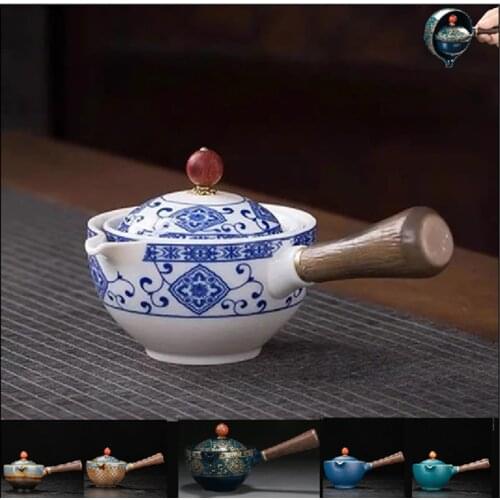 150 ML Portable Flower Exquisite Ceramic Automatic Spinning Kung Fu Teapot with Wooden Handle Side-handle Tea Pot Teaware Filter