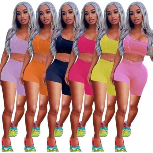 2021 Women Solid Tracksuit Casual Active Two Piece Set One Shoulder Sleeveless Crop Top Vest Irregular Shorts Pants Suit