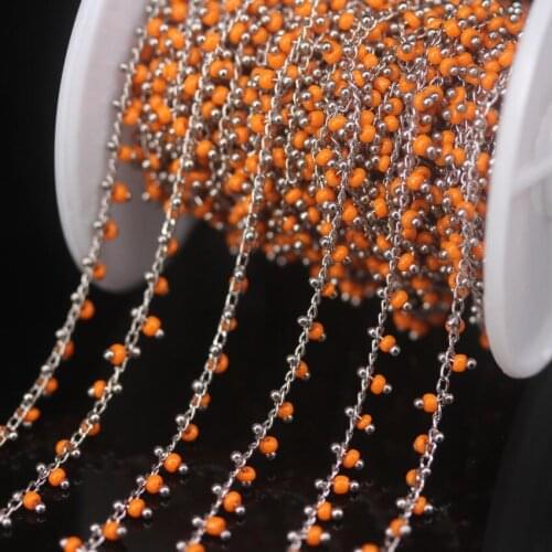 5Meter/lot,Silver Plated Orange Tiny Cube Beads Rosary Chain,Glass Rondelle with Brass Wire Wrapped Women Sweater chains Jewelry