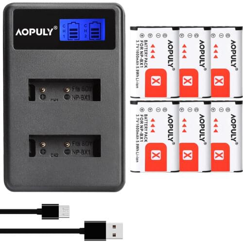 AOPULY 6 pcs NP-BX1 np bx1 Battery + LCD Charger For Sony DSC-RX100 DSC-WX500 IV HX300 WX300 HDR-AS15 X3000R MV1 AS30V HDR-AS300