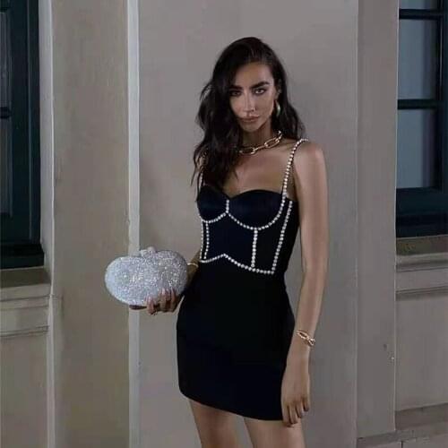 Beading Black Sexy Spaghetti Strap Summer Women Party Dress Nightclub Vintage Mini Robe Korean Femme Casual Slim Vestidos 60122