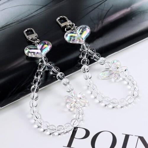 Fashion Clear Glass Beads Keychain Colorful Butterfly Flower KeyChains Women Bag Jewelry Heart Keyring Girlfriend Souvenir