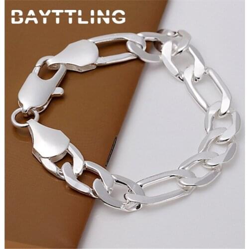 BAYTTLING 8 Inch 925 Sterling Silver 12MM Thick Full Side Chain Bracelet Bangle For Woman Man Fashion Charm Wedding Jewelry Gift