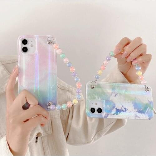 Tobebest Gradient Marble Colorful Bead Chain Phone Cases for iphone 12 Pro Max 11 pro X XS Max XR 7 8 Plus Bracelet Soft Shell