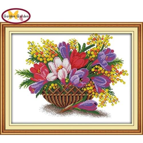 GG Flower Basket Cross Stitch Needlework Embroidery DIY Kits Paintings Christmas Gift Joy Sunday Cross Stitch Set for Home Decor