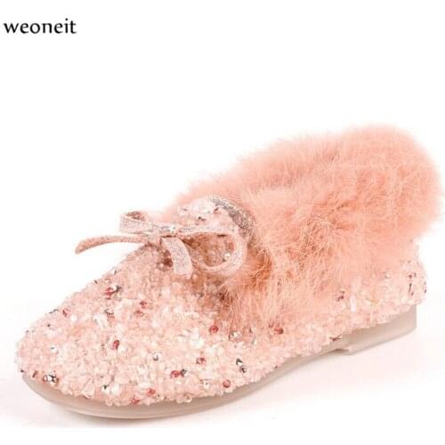 Weoneit Kids Shoes Winter Warm Girls Fashion Shoe Black Pink Fur Flat Slip on Non-slip Kids Shoes Quality Leather New Hot Shoes