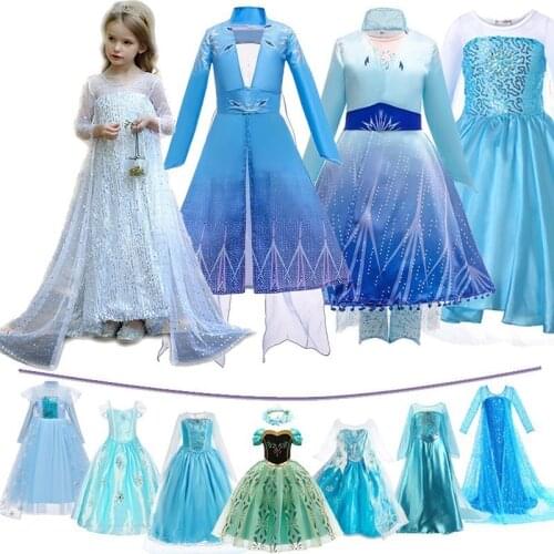 Girls Snow Queen 2 Elsa Dress Kids Christmas Cosplay Elza Costume Children Carnival Birthday Party Clothes Wig Crown Accessory