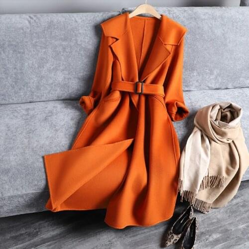 Medium Length Over Knee Cashmere Overcoat Womens Hepburn Style Lace Up Bathrobe High End Foreign Double Faced Wool Overcoat