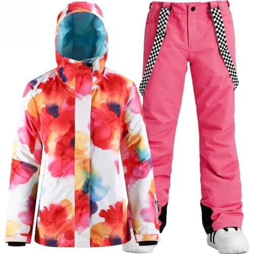 Red Chinese Style Womens Snow Suit Snowboard Clothes Waterproof Windproof Costumes Winter Outdoor Ski Jacket + Belt Pant Girls