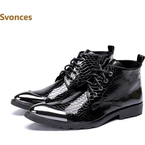 Genuine Leather Fashion Shoes Man Serpentine Metal Pointed Toe Ankle Boots Men Zipper Designer Brand Mens Casual Dressing Boots
