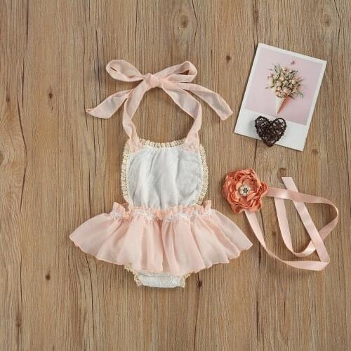 Summer New 2021 Baby Girls Summer Outfits Lace Pattern Tutu Skirt Halter Romper Dress with Floral Headband Princess Party Set