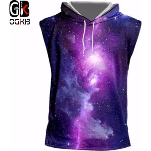 OGKB Men Tanks Summer Tops Print Purple Galaxy Space 3D Cap Tank Top Homme Fit Slim Sleeveless Hoody Pullovers Plus Size 7XL