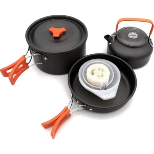Portable Outdoor Tableware Camping Cookware Hiking Picnic Teapot Pot Set Frying band Bowl tablespoon dish cloth bamboo spoon