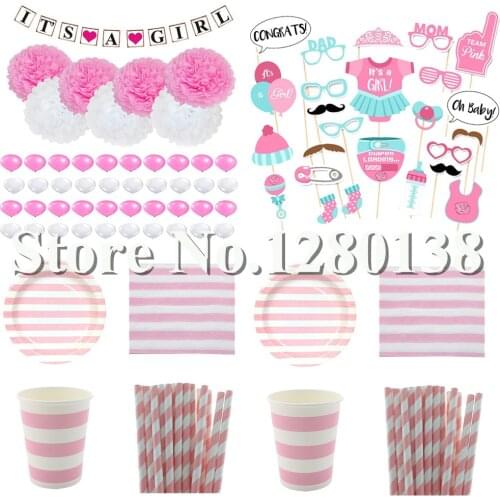 Baby Shower Pink Decorations Paper Banner Garland Paper Pompoms Paper Cups Plates Straws Party Napkins Balloon Photo Boooth Prop
